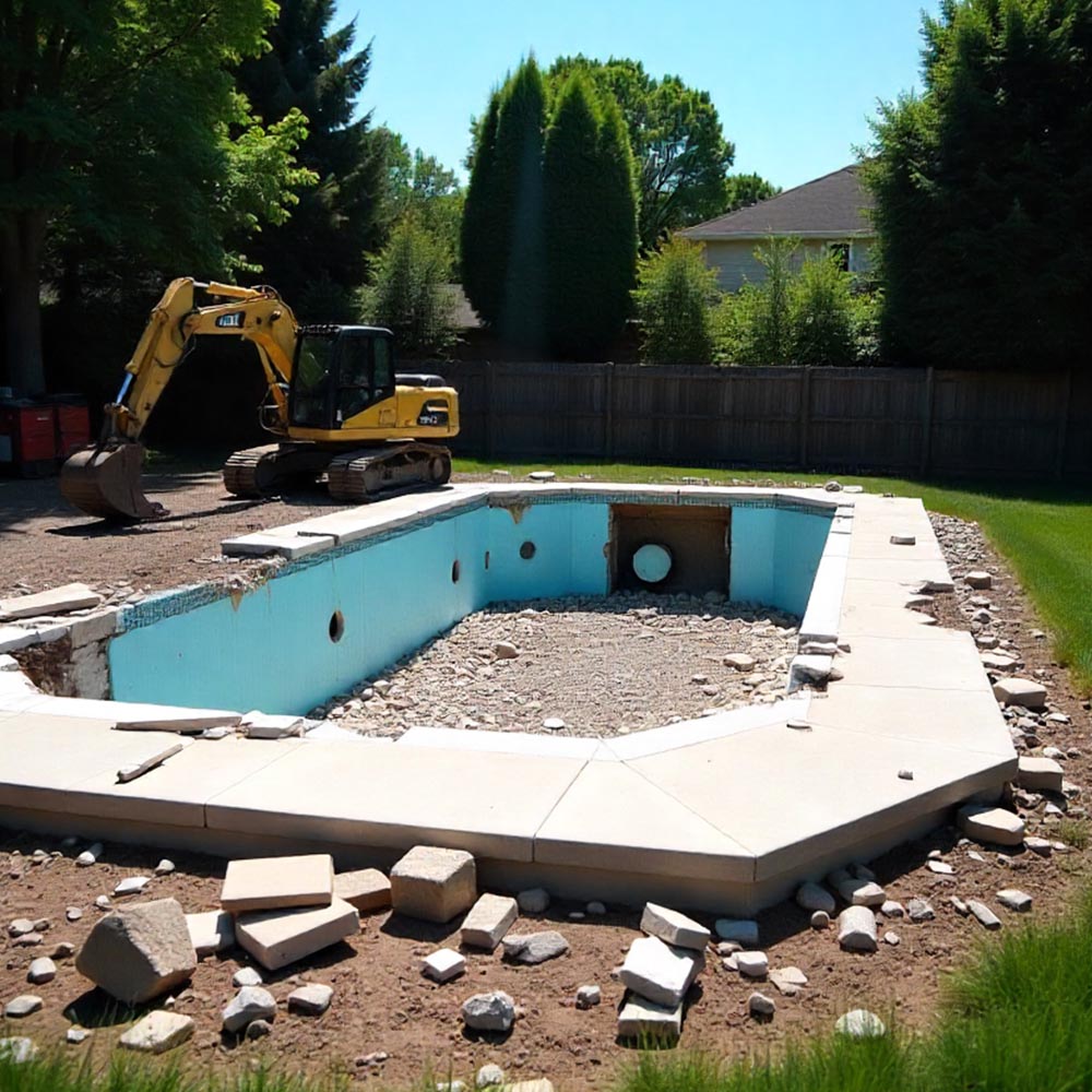 Old in-ground pool being demolished with an excavator