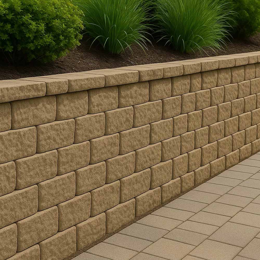 Block retaining wall beside a paved path and garden