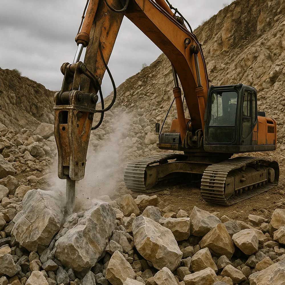 Excavator with a rock breaker splitting boulders